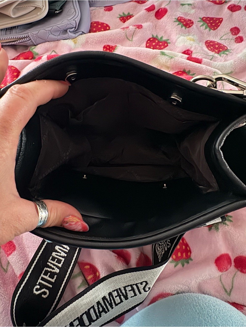 Steve Madden Black Crossbody Tote with White Branded Strap - Picture 4 of 5
